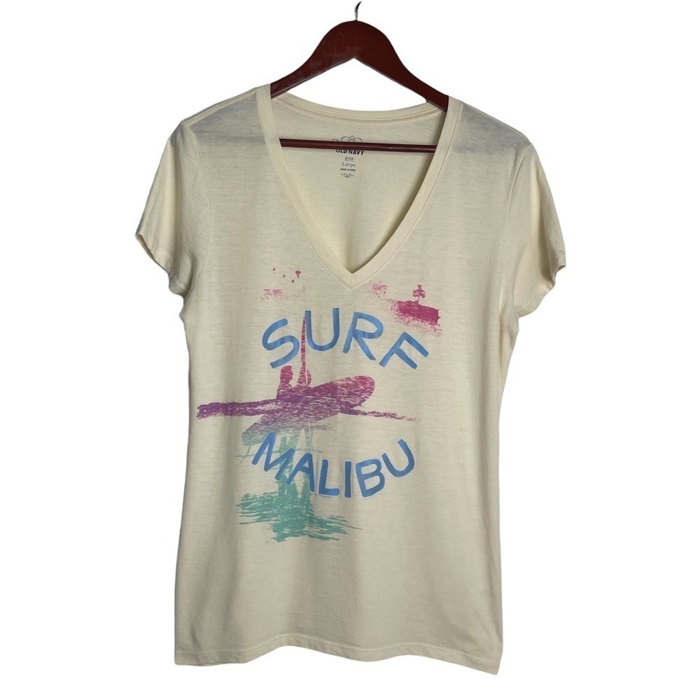Surf Malibu Coastal Graphic Print V‎ Neck Butter Yellow Large Tee